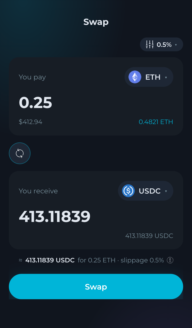 The Swap screen of Simple Base Swap exchanging 0.25 ETH for USDC